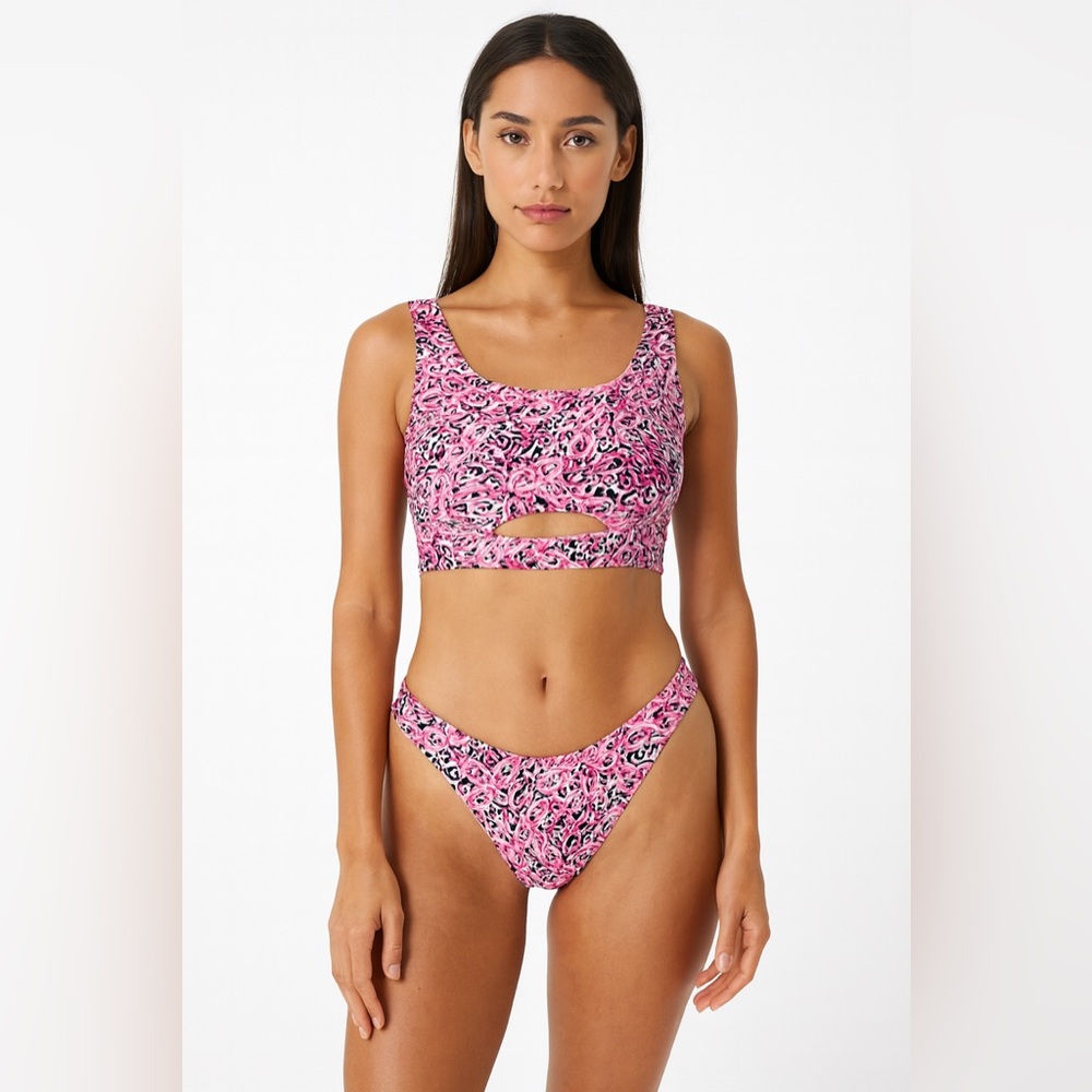 Joan Vass Cutout Bikini‎ Set Pink Chain Print Swimsuit Two Piece Bathing Suit S
